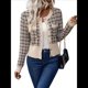 thumbnail image 1 of Blazer de A Cuadros para Mujer, Elegante, Informal, con Botones Al Frente, Cuello Redondo, Larga, Tejido Texturizado Albaricoque M, 1 of 10