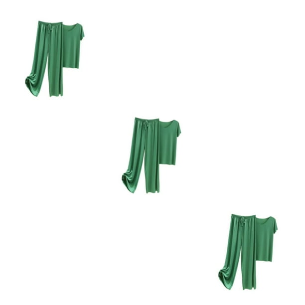Qarigey Conjunto de pijama de seda helada para mujer, camiseta de manga corta con cuello en V, cintura elástica, pantalones sueltos, ropa de Type1 NO1
