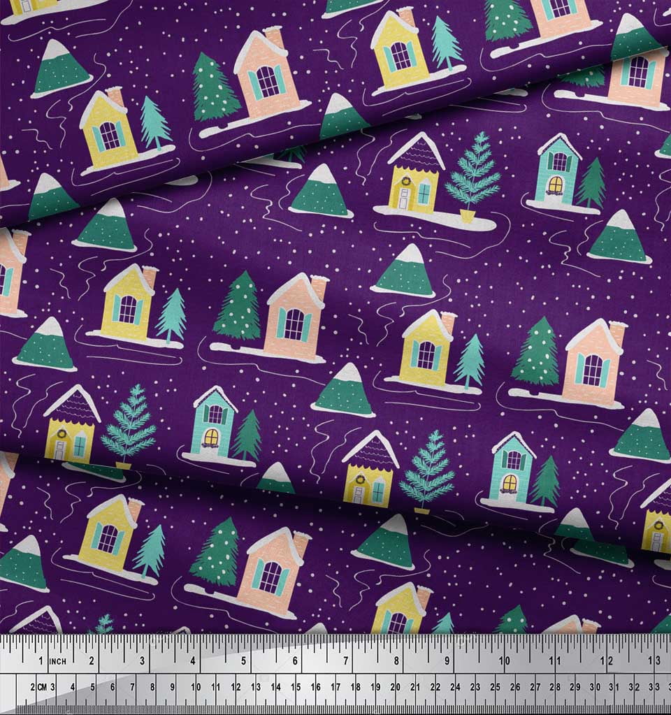 Soimoi Purple Heavy Satin Fabric Christmas Tree & House Nature Fabric Prints By Yard 54 Inch Wide