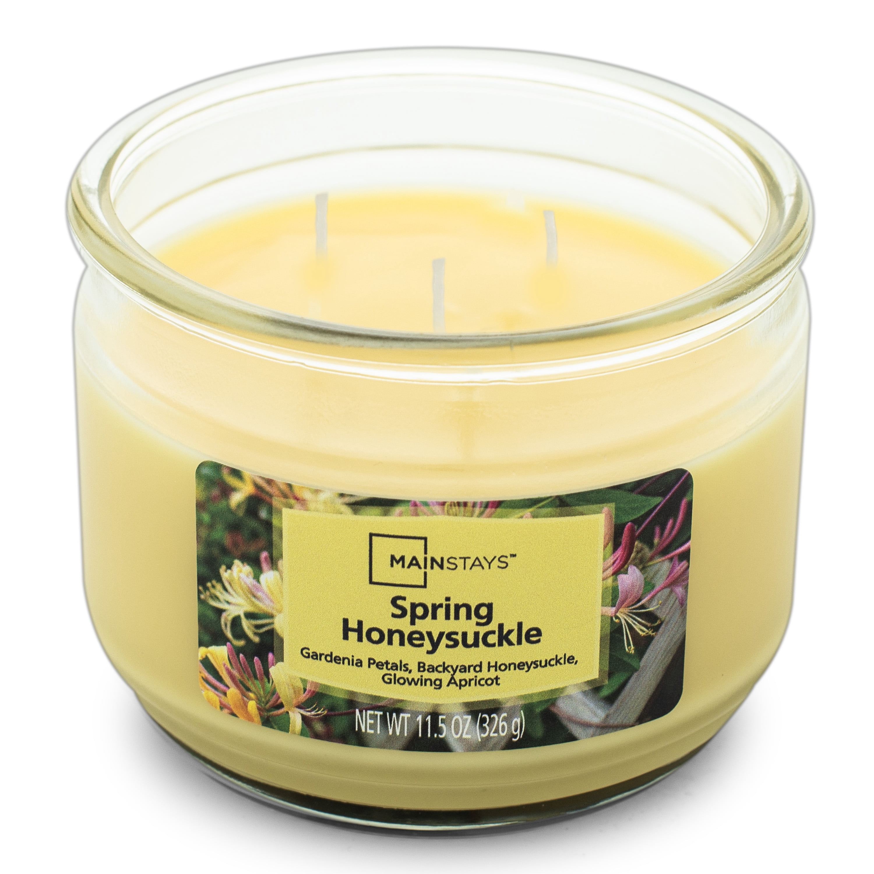 Mainstays Spring Honeysuckle Scented 3-Wick Glass Jar Candle, 11.5 oz