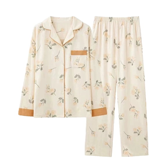 Fuwddey Cotton Pajamas Set for Women 2 Piece Long Sleeve Soft Sleepwear Pjs Lounge Set Button Down Nightwear with Long Pants Lounge Set