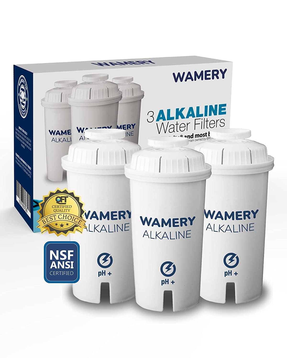 Certified Alkaline Water Filter 3-Pack Water Filter Cartridges Replacement Fits On Wamery & Brita Classic Jug Increase Ph Water Ionize & Purifier Hard Water Reduce Chloride Lead from Kitchen Faucet. 