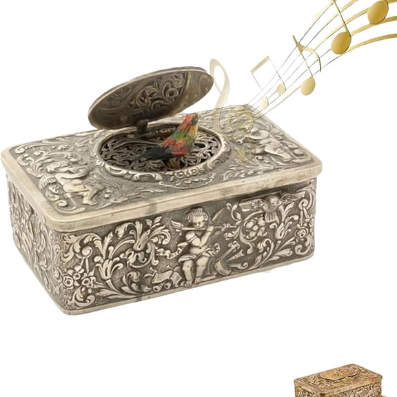 Classical Wind Up Singing Bird Decorative Music Box with European Embossed Pattern Alloy Construction Ornament Gift