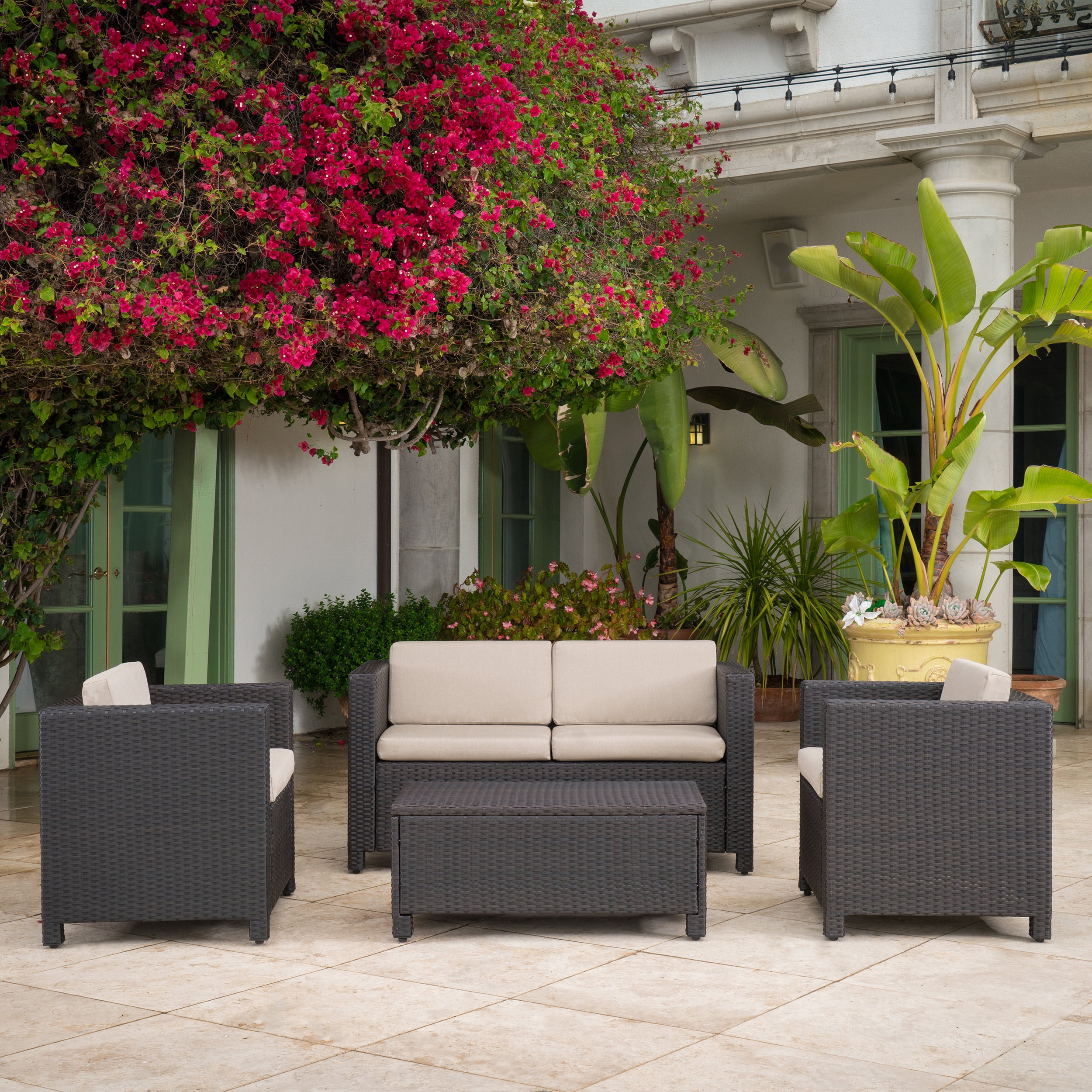 Cascada 4 Piece Wicker Chat Set with Cushions and Cover, Dark Brown, Beige