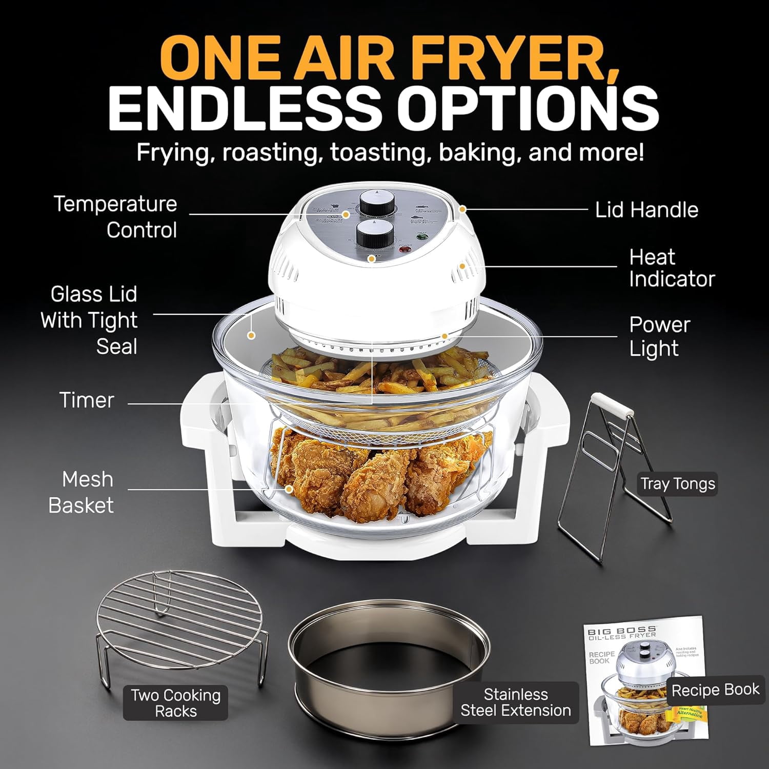 Granitestone Big Boss 16Qt Extra Large Glass Air Fryer Non Toxic – Family Sized 4 in 1 Cooker with 3 Cooking Sections, Stainless Steel Racks for French Fries, Chicken, Self Cleaning, Dishwasher Safe