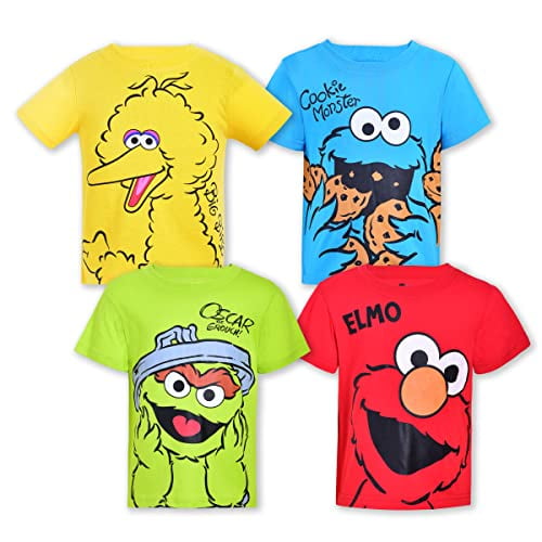 Sesame Street Boy s 4-Pack Graphic Tee Shirt with Short Sleeves, Blue Green Red Yellow, 2T