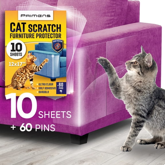 Primens Cat Scratch Furniture Protector, 10-Pack Clear Self-Adhesive Couch Protectors from Cat Claws, 17 x 12 in, with 60 Twist Pins