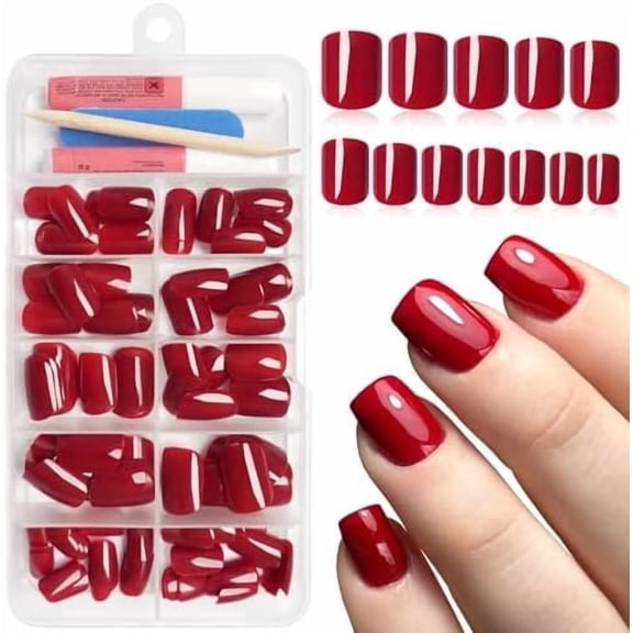 Square Press Nails Short, 120 count Glossy Red Nails Full Cover Press ons Glue Nails Solid Color Artificial False for Women Girls