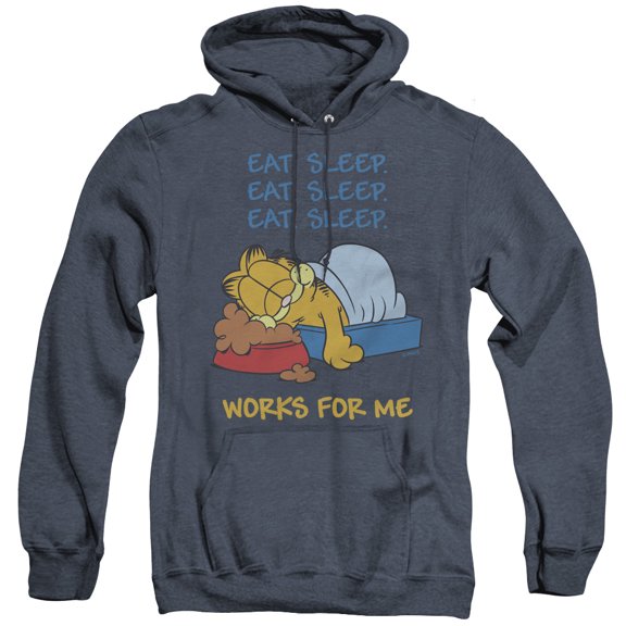 Garfield Works For Me Adult Heather Hoodie Sweatshirt Navy