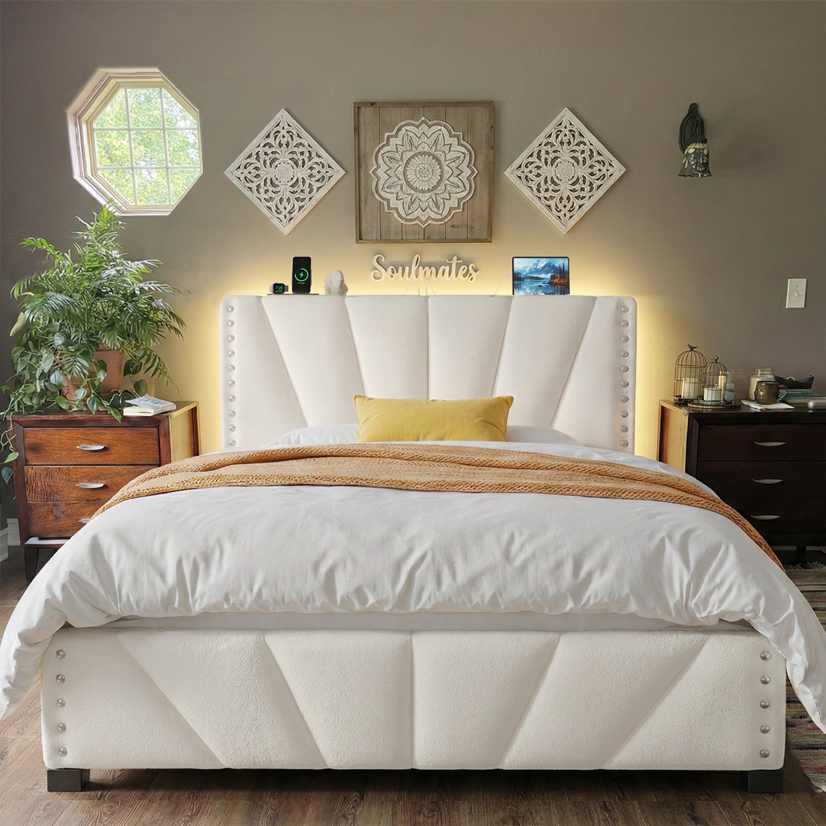 EnHomee Queen Platform Bed with LED Lights & Headboard, Beige photo 5