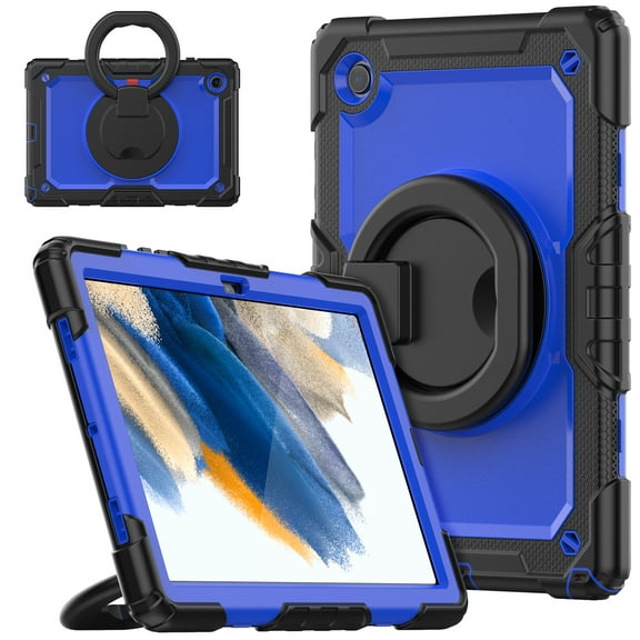 Samsung Galaxy Tab A8 10.5 Inch Case 2022 SM-X200/X205/X207 with Pencil Holder Built-in Kickstand 360° Rotating Handle Screen Protector, 3 Layer Hybrid Rugged Heavy Duty Case, Blue Black