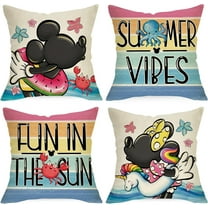 Summer Vibes Cartoon Mouse Decorative Throw Pillow Covers 18 x 18 Set of 4, Fun in The Sun Rainbow Stripes Beach Coastal Cushion Case Decor, Swim Ring Crab Octopus Nautical Home Decoration
