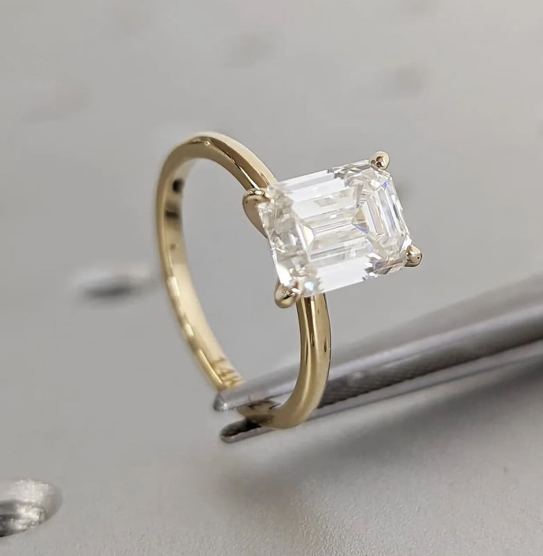 Jewelerix Emerald Cut Moissanite Engagement Ring for Women Vermeil 14K Yellow Gold Ring 4 Prong Solitaire Promise Ring Classic Minimalist Bridal Ring
