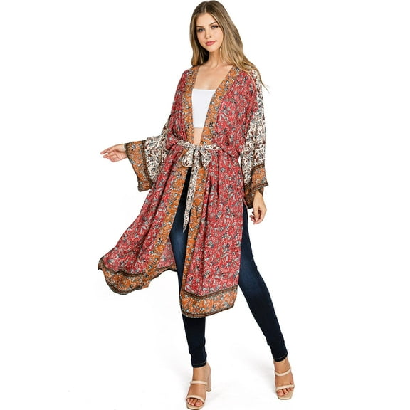 Love Stitch Women's Bohemian Floral Kimono Layering Robe Cardigan (S, Red)