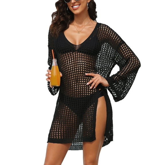 Charmo Womens V Neck Swim Cover Up Hollow Out Swimwear Long Sleeve Bikini Beachwear