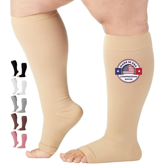 Wide Calf Men and Womens Compression Socks for Swelling 20-30mmHg - Beige, 3XL