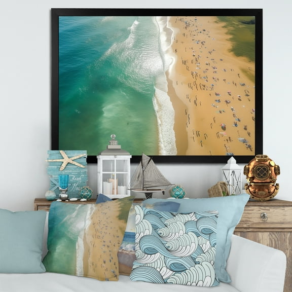 Designart "Aerial View Green Coastal Beach III" Beach Framed Wall Art Decor - Coastal Beige Beach & Ocean Entryway Framed Wall Art Print