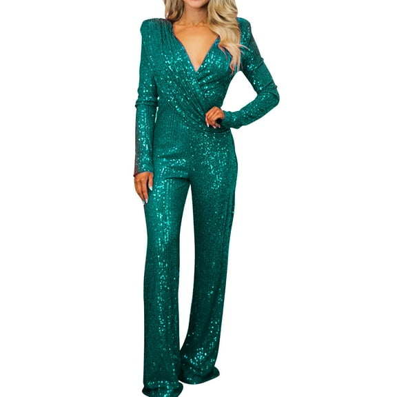 Caywon Womens Romper Pants In Solid Color Featuring V Neck Sequin Embellished Design Elegant Holiday Party Green M