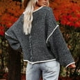 thumbnail image 3 of Suéter de Punto con Cuello Redondo para Mujer, Mangas Largas, Hombros caídos Sueltos, Tops con Borde Blanco para Otoño Invierno, Negro, Gris, L, 3 of 5