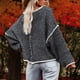 thumbnail image 3 of Suéter de Punto con Cuello Redondo para Mujer, Mangas Largas, Hombros caídos Sueltos, Tops con Borde Blanco para Otoño Invierno, Negro, Gris, M, 3 of 5