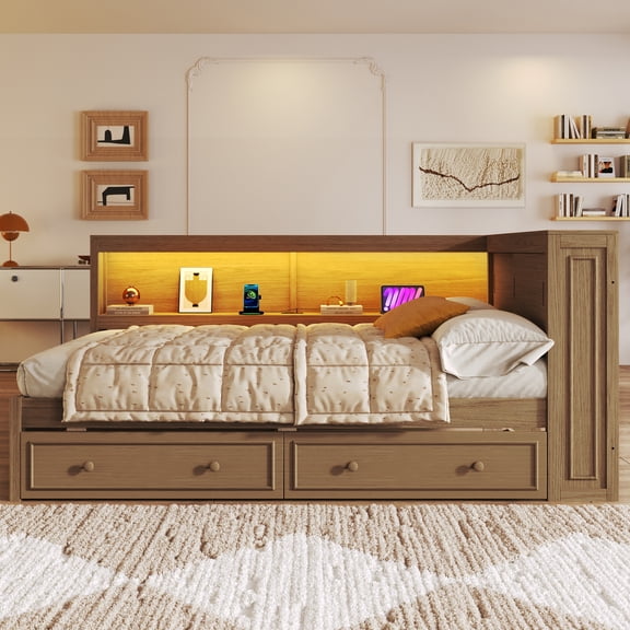 Euroco Full Size Wood Daybed with Storage Shelves and Drawers, Platform Bed with LED Light and USB Ports, Wood