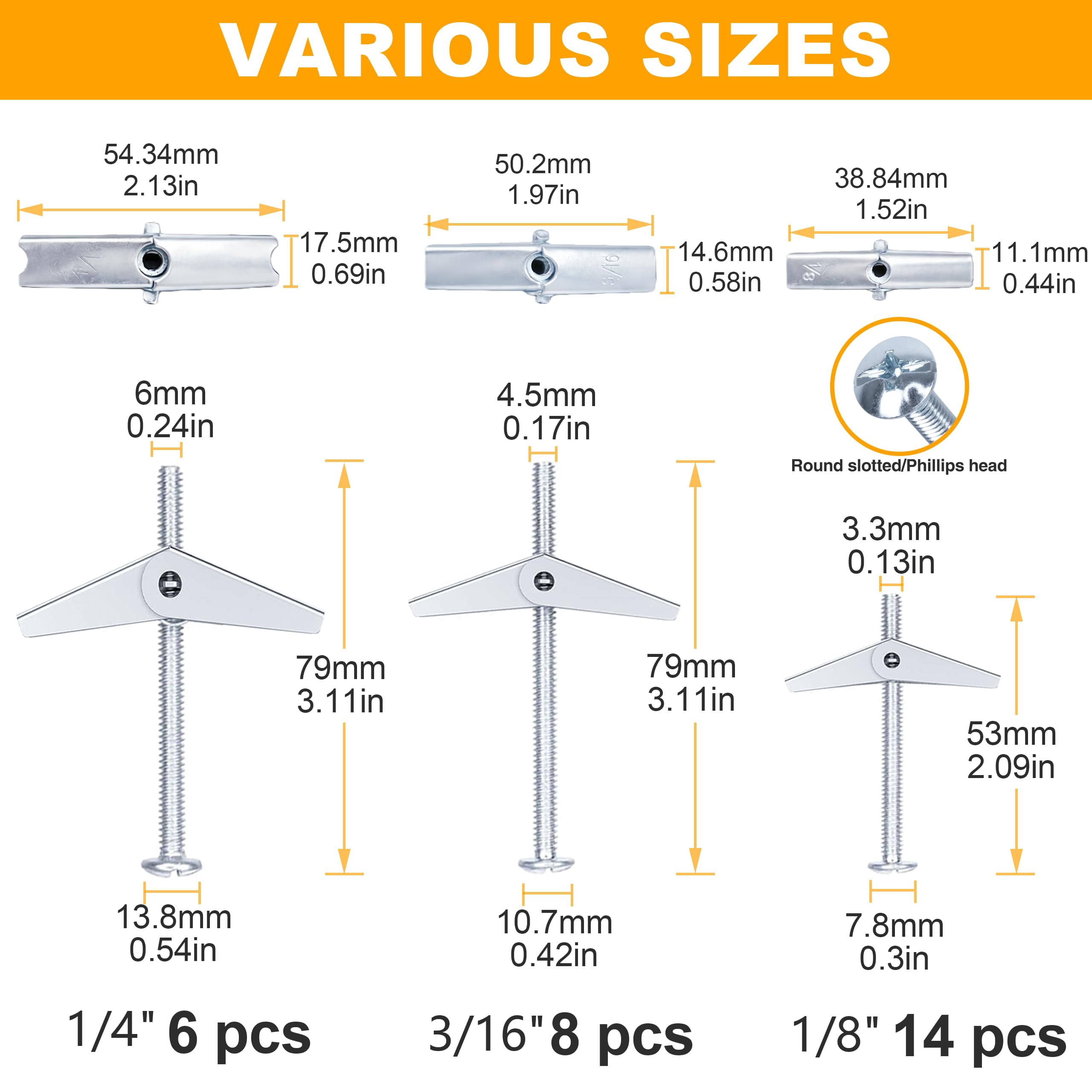 Hollow Wall Anchors Assorted Kit, 44Pc Heavy Duty Toggle Bolts and Wing Nut Kit, Drywall Anchors Assortment Set, Butterfly Anchors for Hanging Picture Curtain Rod Plant (1/8in, 3/16in, 1/4in)