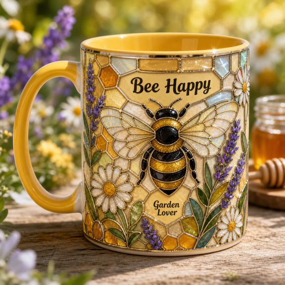 Bee Mug, 2D Flat Ceramic Mug Garden Lover Gift with Bee Happy Floral Design