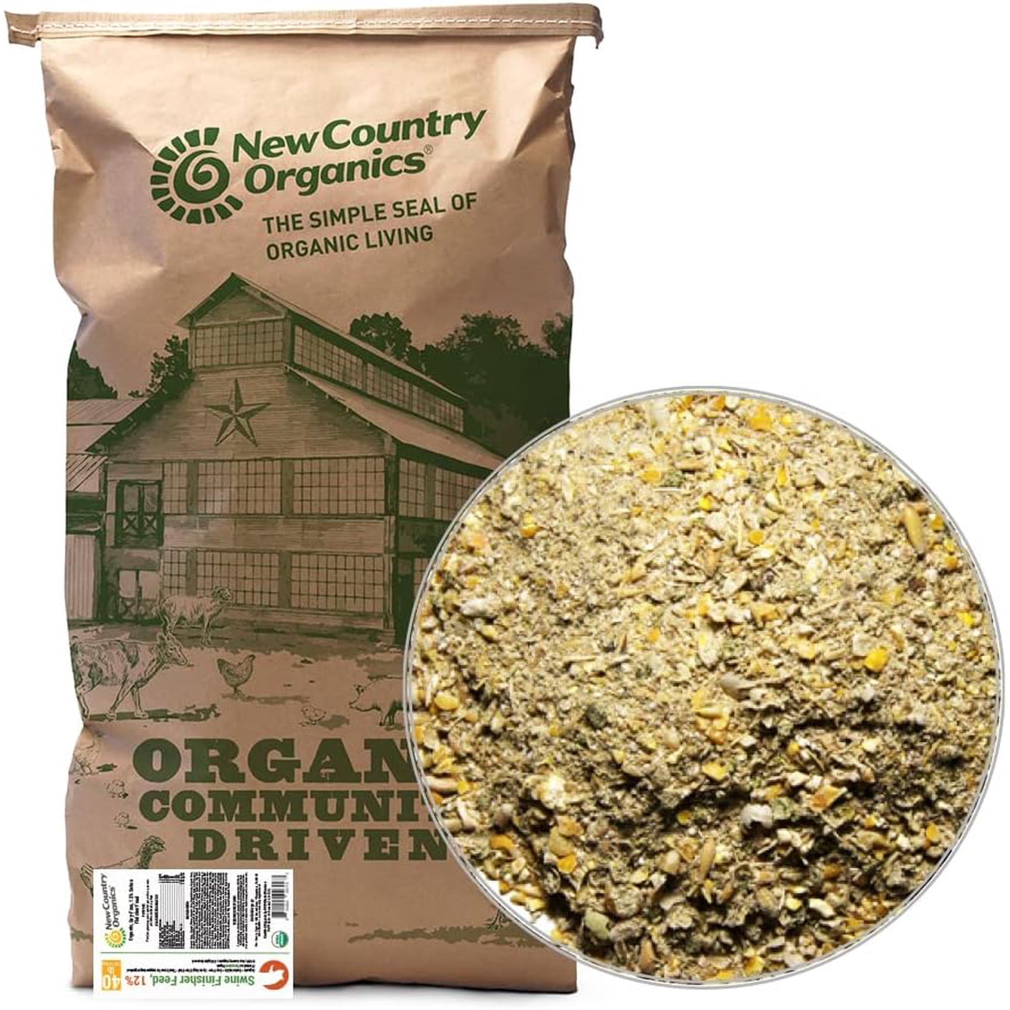 New Country Organics | Swine 12% Protein Feed for Gestating Sows and for General Maintenance of Adult and Finishing Hogs | Soy-Free | Certified Organic and Non-GMO | 40 lbs