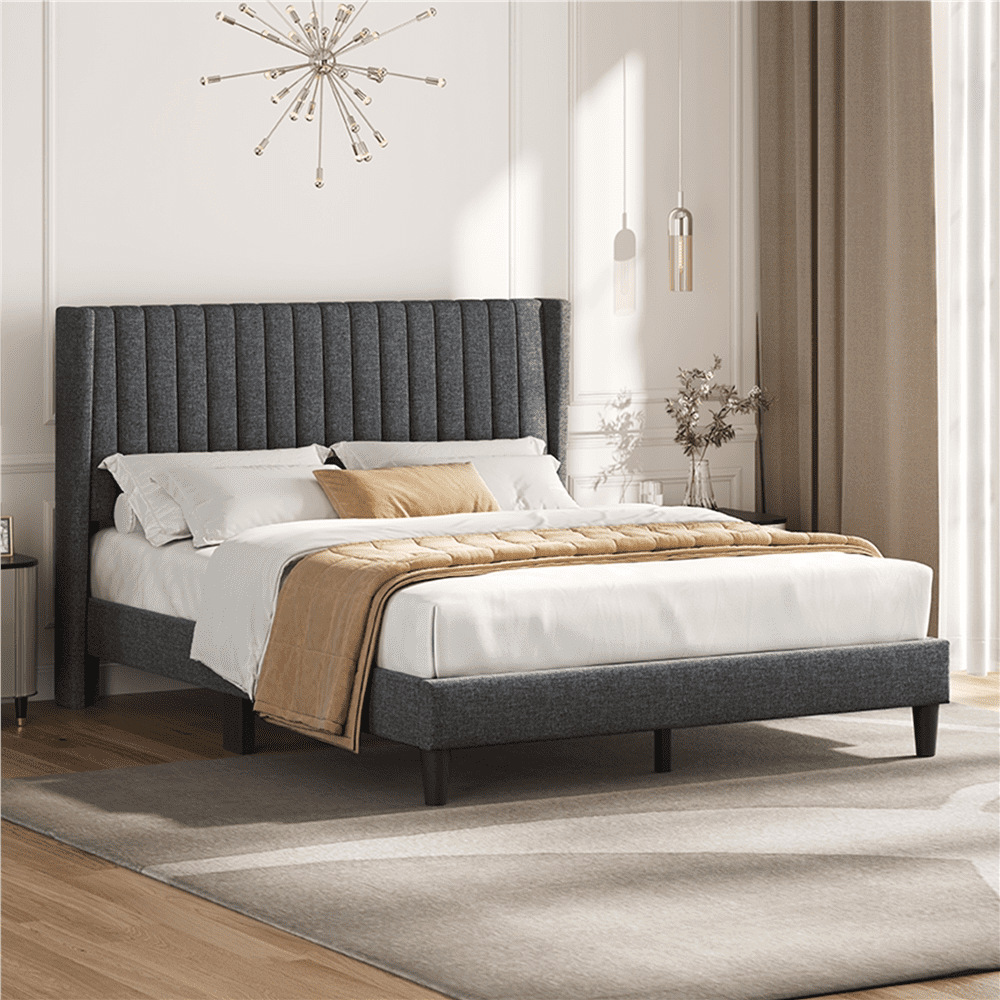 Renwick Queen Upholstered Platform Bed Frame with Channel Tufted Headboard, Dark Gray