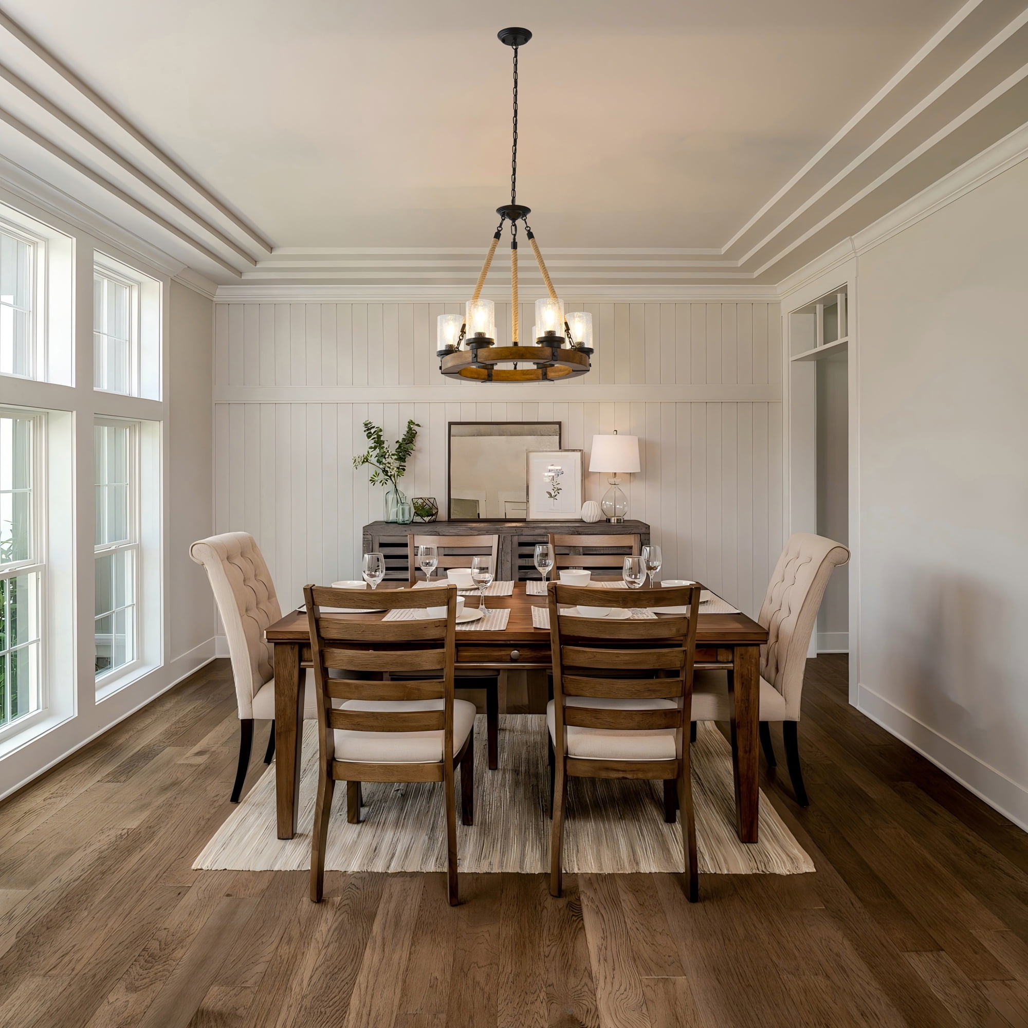 6-Light Wagon Wheel Chandelier with Seeded Glass – Rustic Farmhouse Wood Ceiling Light for Dining Room, Kitchen, Entryway