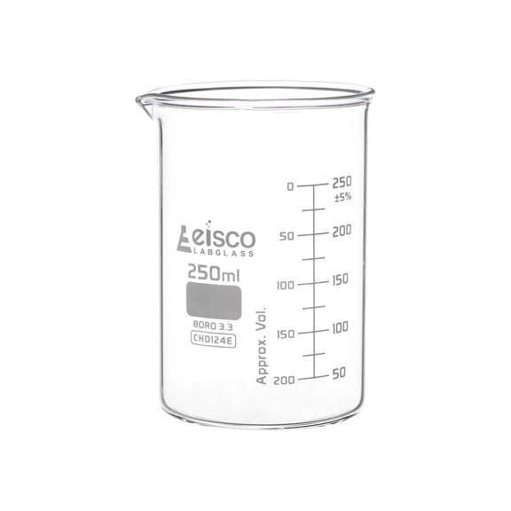 Beaker, 250ml - ASTM - Low Form with Spout - Dual Scale, White Graduations - Borosilicate 3.3 Glass - Eisco Labs