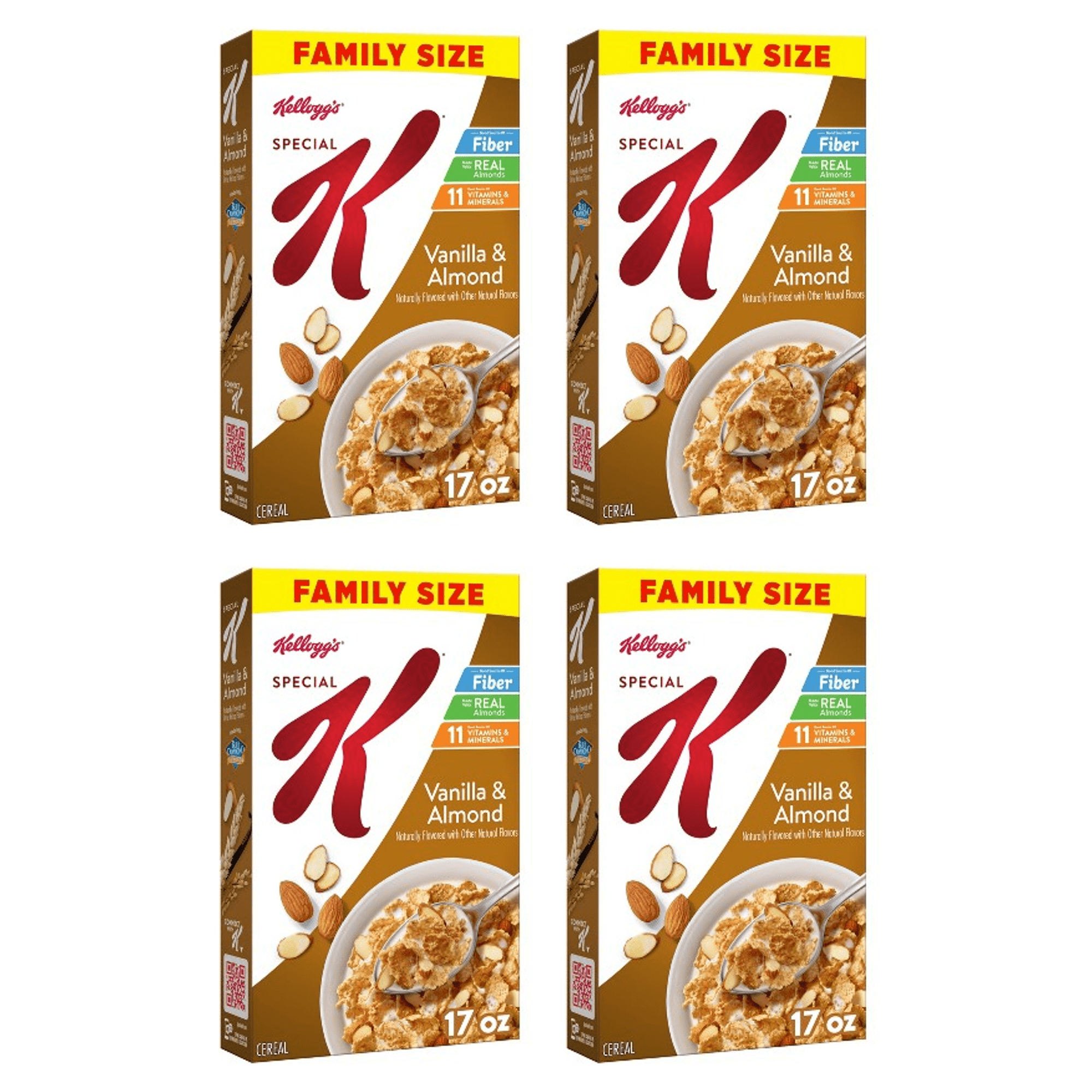 Kellogg's Special K Breakfast Cereal, Fiber Cereal, Family Breakfast, Family Size, Vanilla and Almond, 17oz (Pack 4)