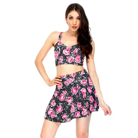 Sassy Crop Top w/ Flared Skirt Set in Floral Pattern, M