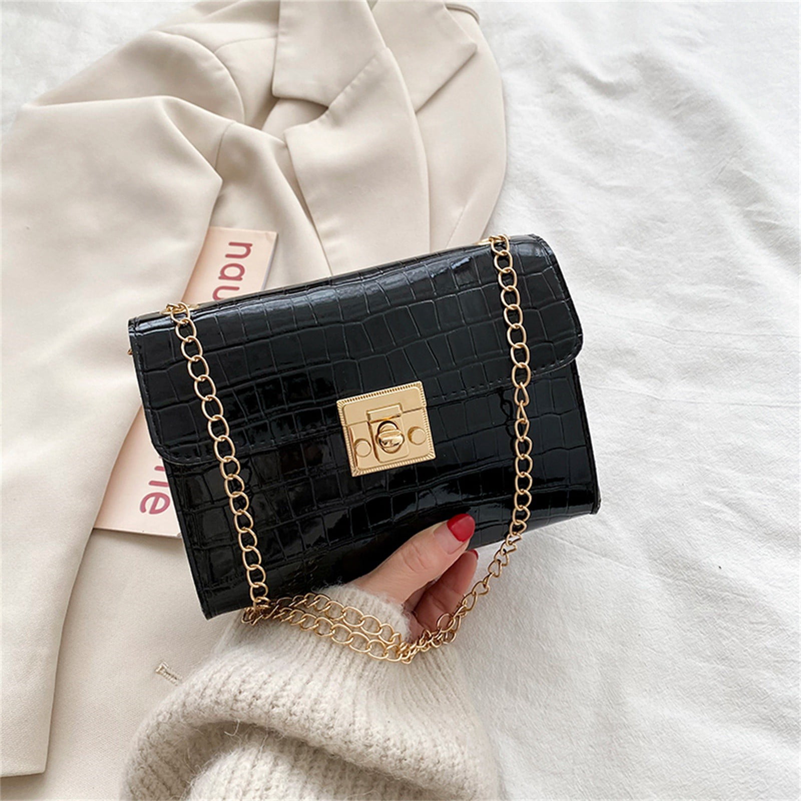 Solid Leather Messenger Bag Stone Pattern Small Bags 2019 Women New Fashion Shoulder Bag Elegant Chain Square Bag 