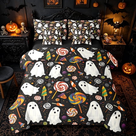 Homewish Candy Ghost Halloween Full Size Bedding Sets for Kids Swirl Lollipop Fun Spooky Full Size Bed in a Bag Black Reversible 7 Pieces