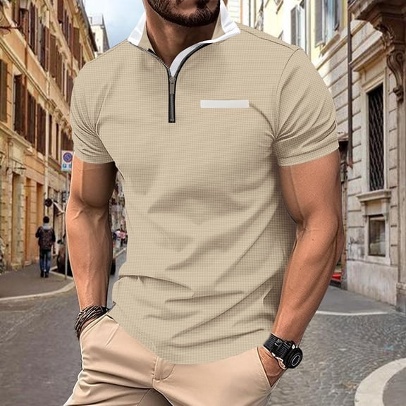 Yaoyar Mens Short Sleeves Zipper Shirts Casual Loose Tshirts Stand Collar V Neck Tops Polo Plain Cotton Tees with Pocket