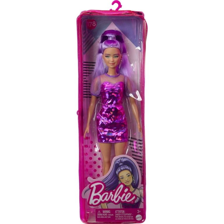 Barbie Fashionistas Doll #178, Petite, Long Purple Hair & Purple Metallic Dress & Purple Sneakers Barbie Fashionistas Doll #178, Petite, Long Purple Hair & Purple Metallic Dress & Purple Sneakers