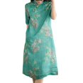 thumbnail image 2 of YM YOUMU Women Chinese Ethnic Cotton Linen Bamboo Printed Dress Mandarin Collar Loose Qipao Retro, 2 of 3