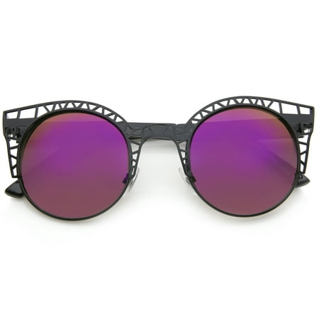 sunglassLA - Women's Metal Cut Out Frame Colored Mirror Lens Round Cat Eye Sunglasses - 48mm