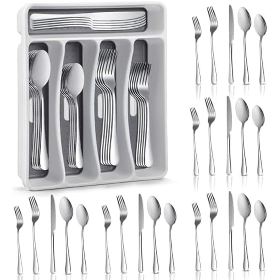 51 Pieces Silverware Set with Organizer, Flatware for 10 Stainless Steel Cutlery Kitchen Utensil Sets Service Forks Spoons and Knives Tableware Eating Utensils for Home Restaurant