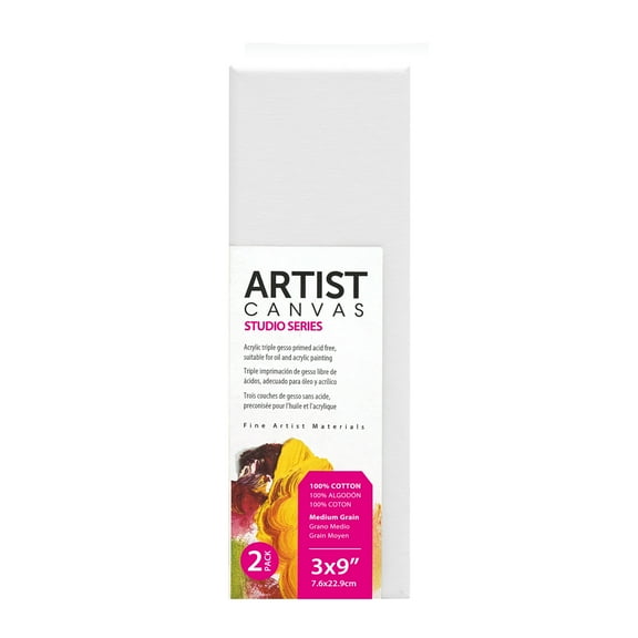Studio Stretched Canvas, 100% Cotton Acid Free White Canvas, 3"X9", 2 Pieces, Academic Canvas, Great Chioce for Beginners and Hobbyists of All Skill Levels.