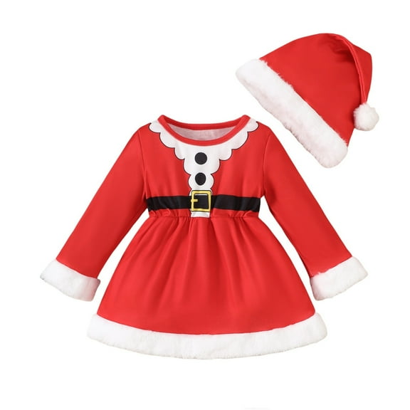 Otqutp My 1st Christmas Baby Girl Outfits Fall and Winter New Christmas Printing Long Sleeved   Christmas Hat Fall Winter Outfit(Red,6-12 Months)