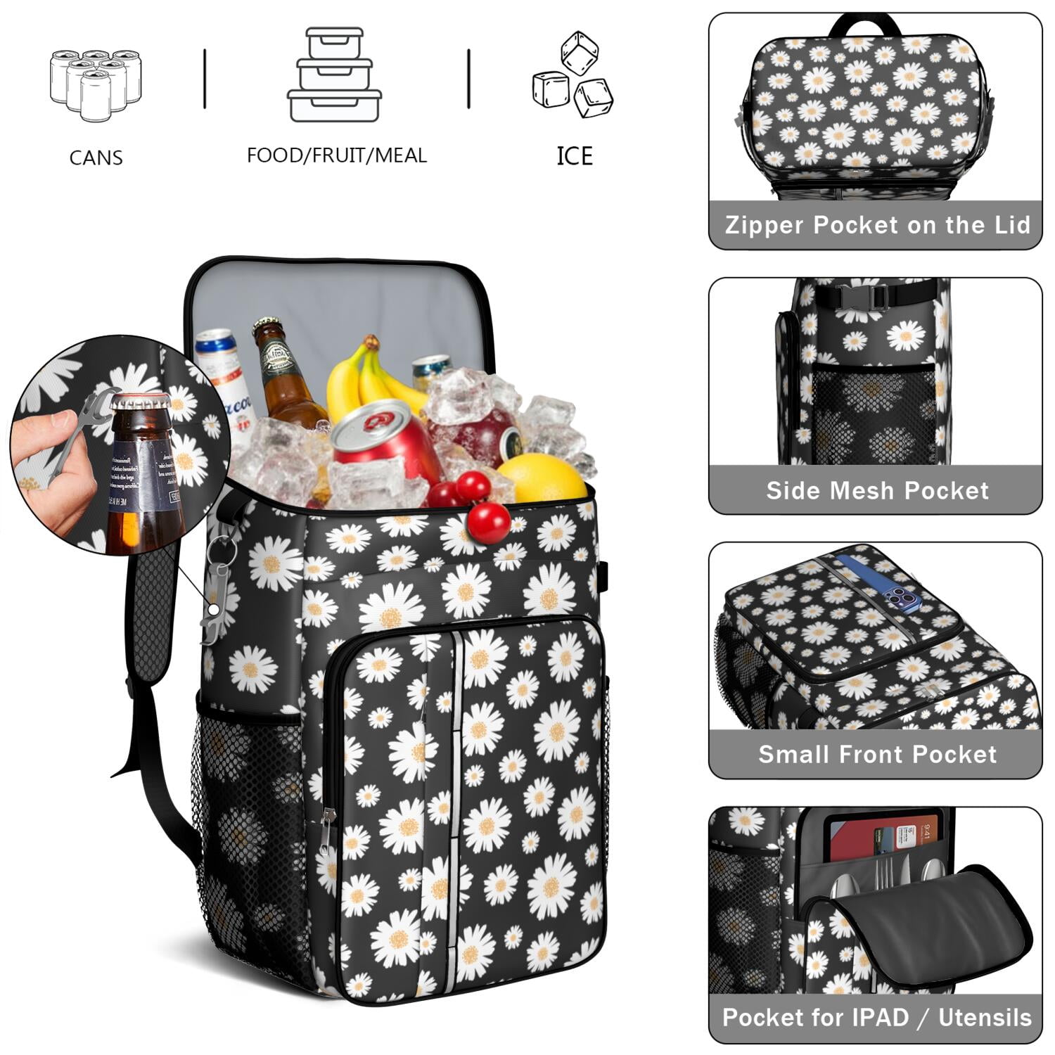 Sunny Daisy Floral Cooler Backpack, Insulated Leakproof Bag for