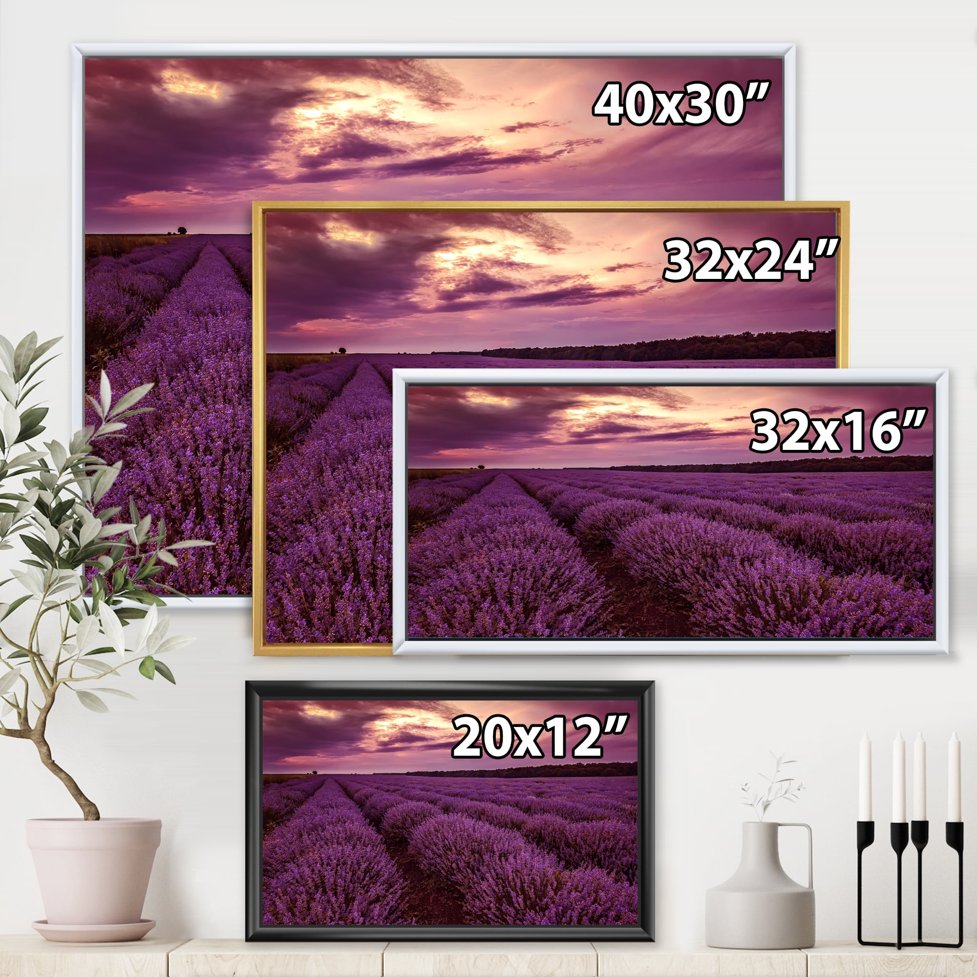 Designart 'Dramatic Clouds and Sunrise Over Lavender Field III' Farmhouse Framed Canvas Wall Art Print