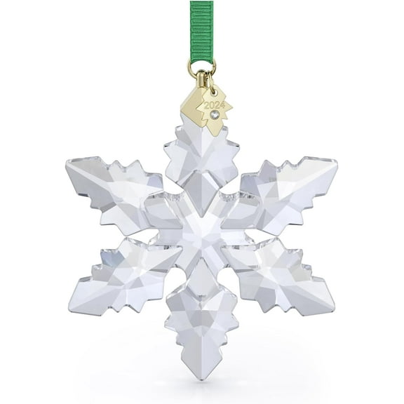 Swarovski Annual Edition 2024 Snowflake Ornament, Clear Faceted Crystal with Gold-Tone Metal Accents and Green Rayon Ribbon, Part of The Annual Edition Collection