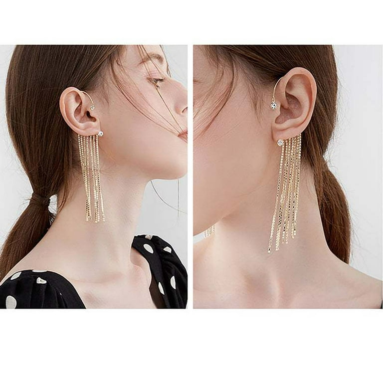 [1 Pair] Sparkling Diamond Tassel Earrings, No Pierced Earrings, Elegance  Long Chain Dangle Earrings for Women, Fashion Dangle Ear Cuff Earrings