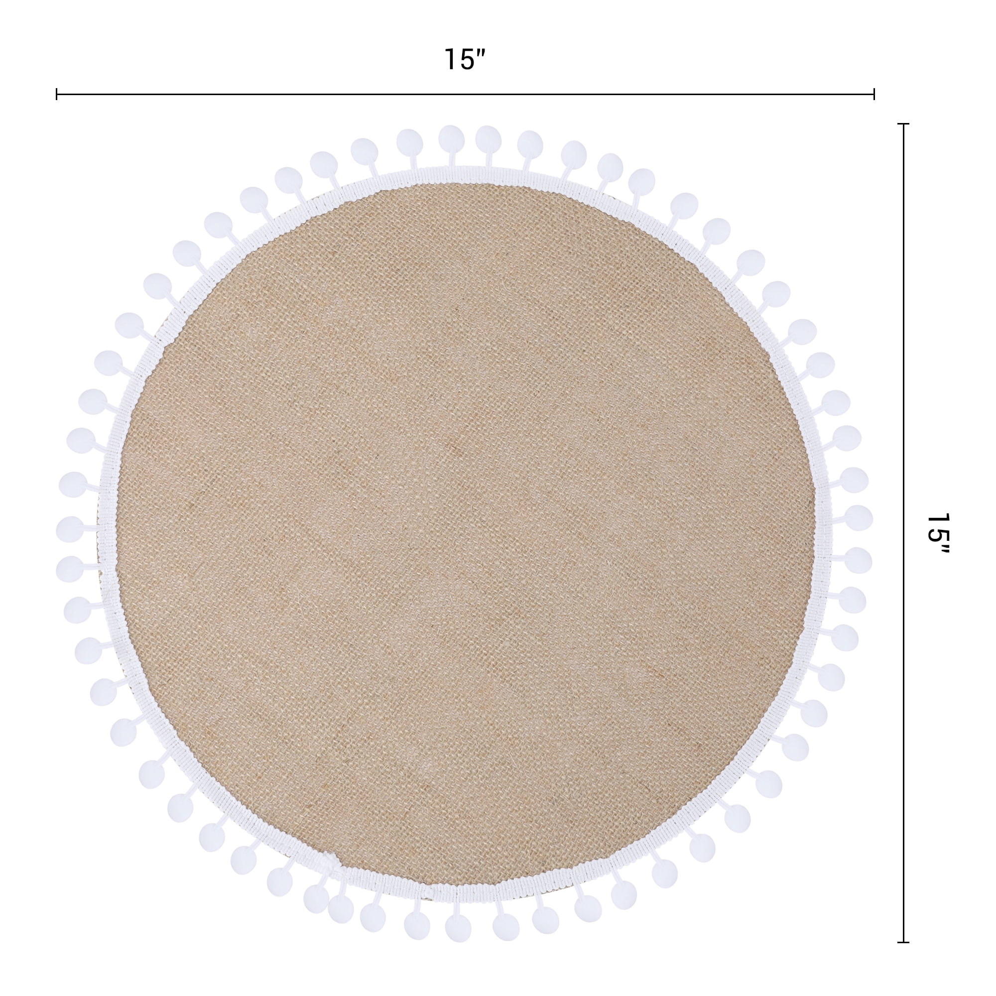 Unique Bargains Farmhouse Placemats 6pcs Round Placemats White Pom-Pom 15"x15"