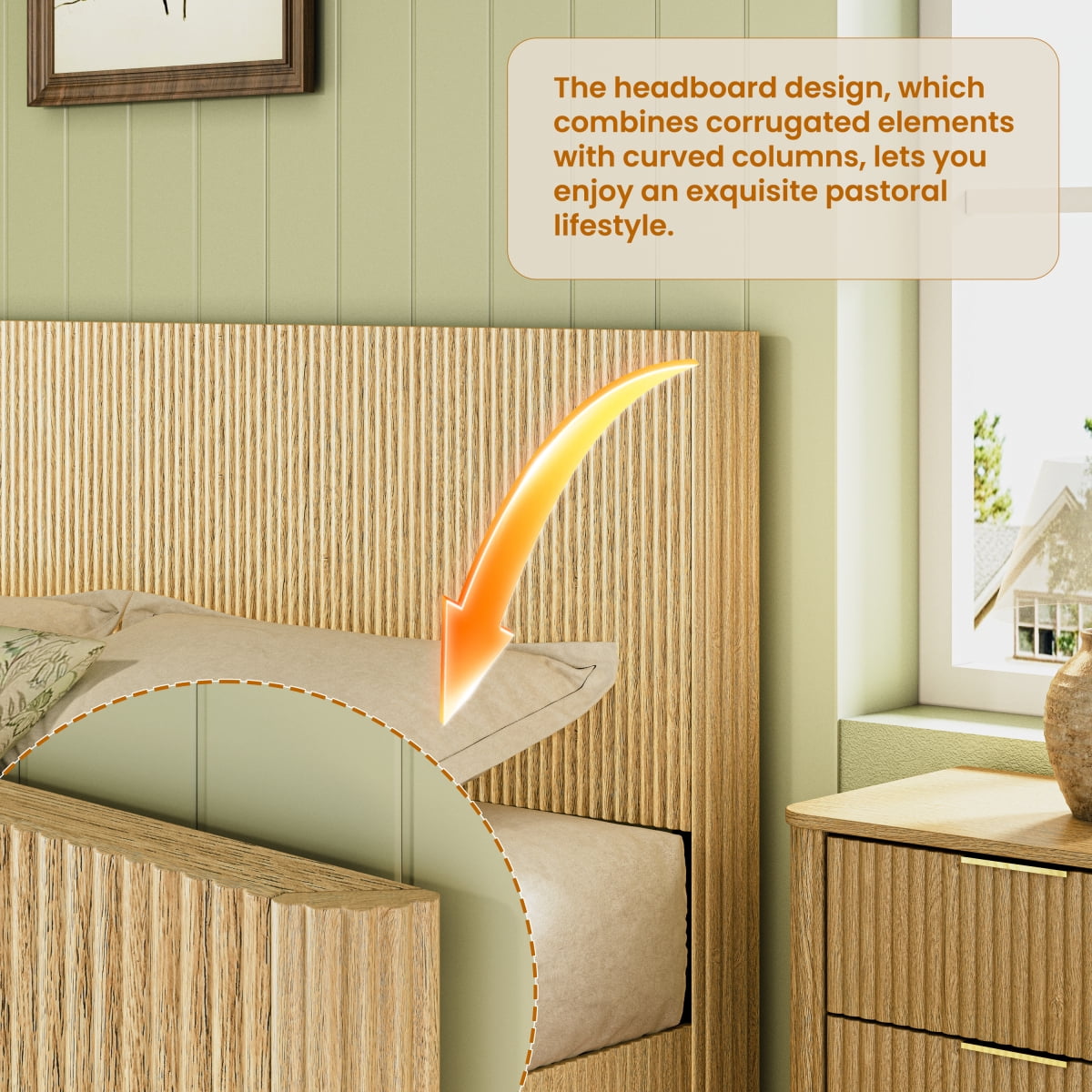Luckynote Kind Size Bed Frame with LED Lights, Modern Wooden Corrugated Curved Lines, Convex Groove Board Design, Oak.