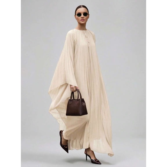 Apricot Pleated Chiffon Maxi Dress With Batwing Sleeves Round Neck Flowy Elegant Vacation Party Dress