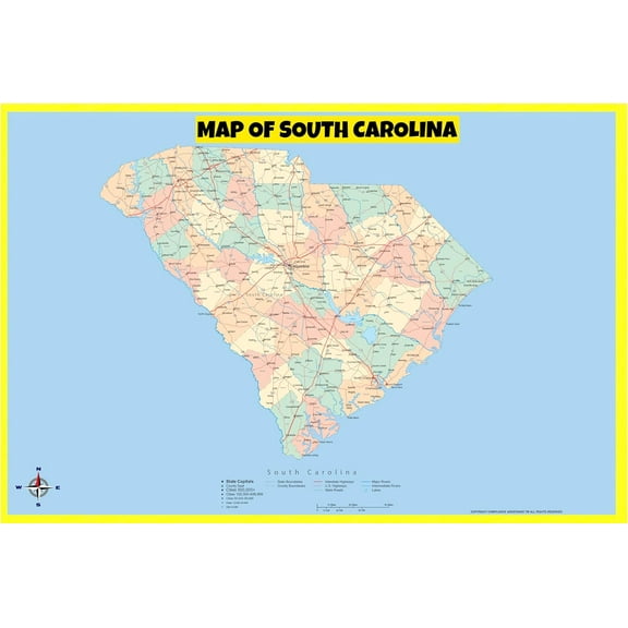 South Carolina Map Poster - Laminated Wall Map - Style A - 18x24 - Ideal for Classrooms and Homes – Features Bright Colors and Vivid Imagery